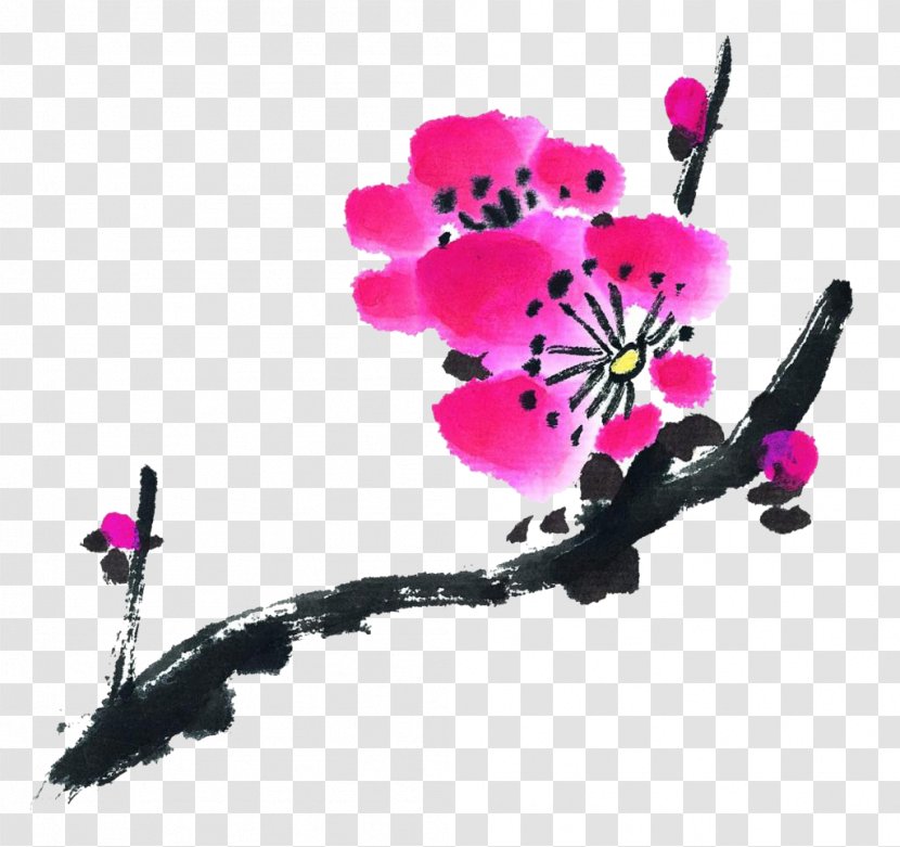 Ink Wash Painting Chinese Shan Shui - Fukei - Toner Pink Plum Blossom Transparent PNG