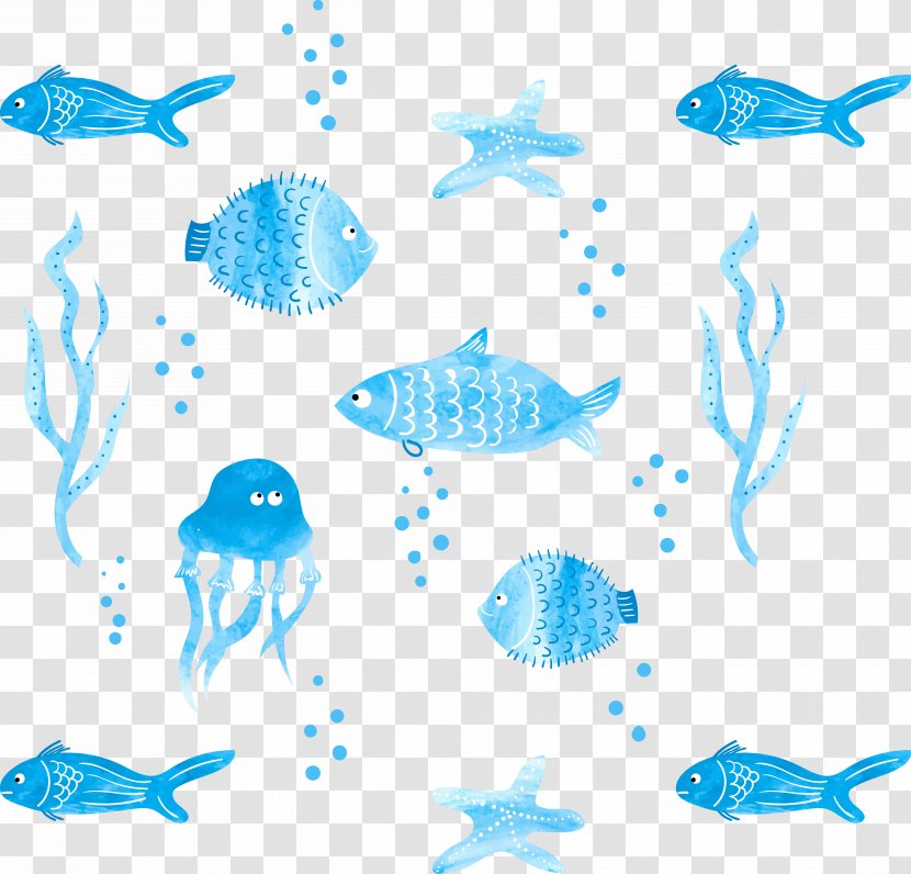 Loose Watercolor Painting Fish Illustration - Organism - Floating Blue Sea World And Biological Transparent PNG