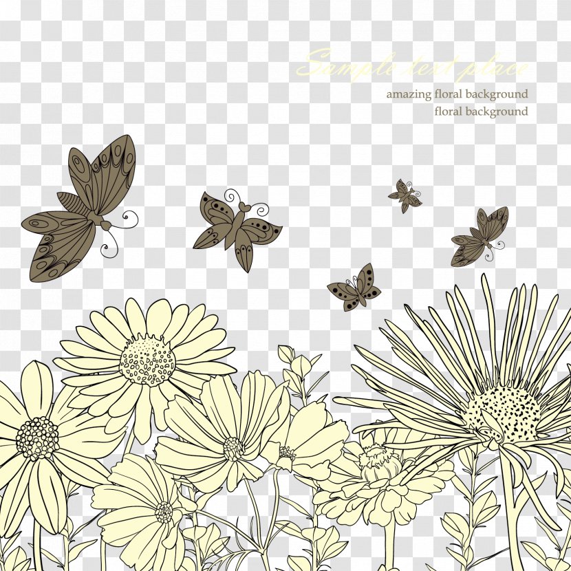 Butterfly Black And White Flower - Daisy - Line Art BackgroundVector Material Transparent PNG