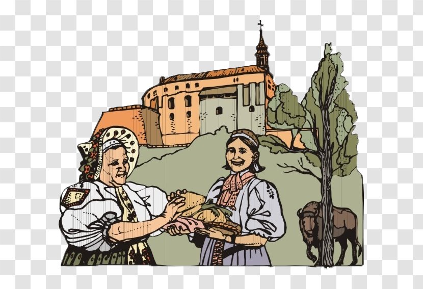 Cartoon Illustration - Painting - Rural Women Are Busy Dividing Bread Transparent PNG