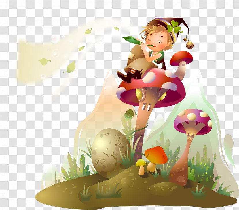 Fairy Tale Wallpaper - Tree - Mushroom Roof Blown Musical Boy Vector Illustration Transparent PNG