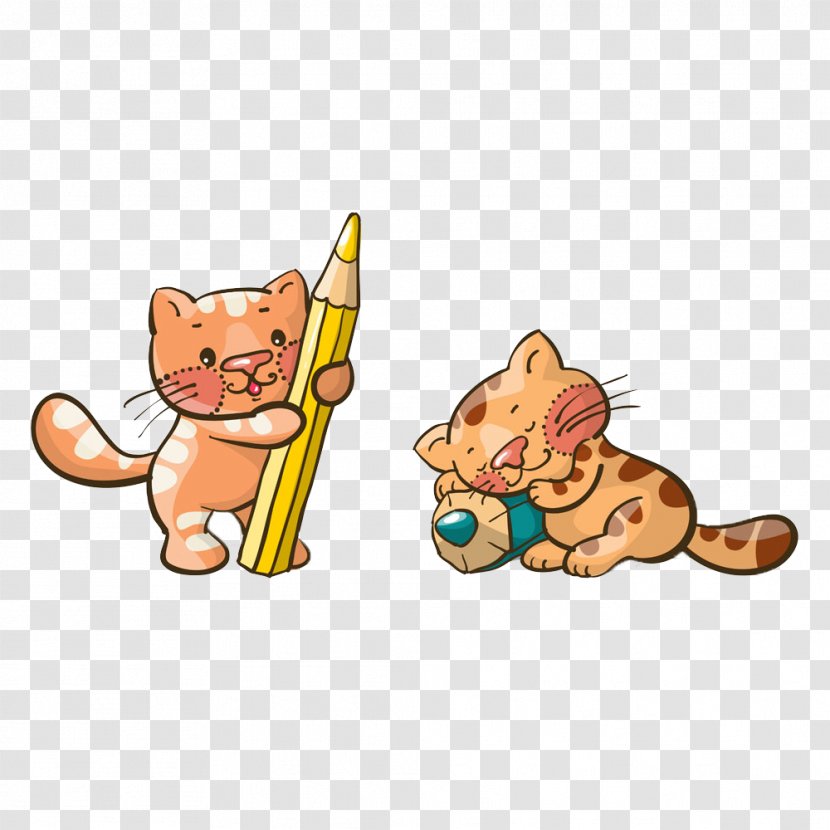 Cat Kitten Cuteness Illustration - Vertebrate - Two Cute Cartoon Holding A Pencil Transparent PNG