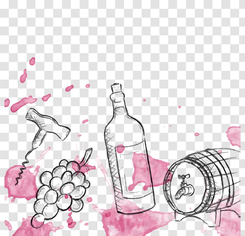Wine Auction Watercolor Painting Bottle Barrel - Corkscrew - Vector Transparent PNG