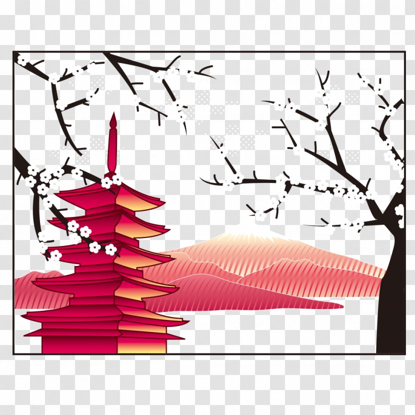 Mount Fuji Japanese Pagoda Illustration - Royaltyfree - Plum Tower Transparent PNG