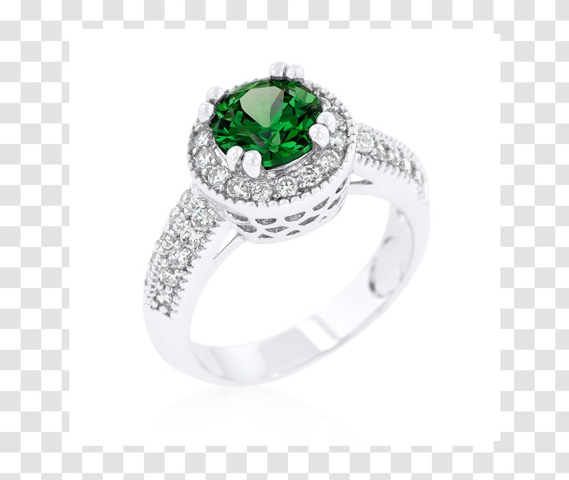 Engagement Ring Emerald Cubic Zirconia Birthstone - Silver Transparent PNG