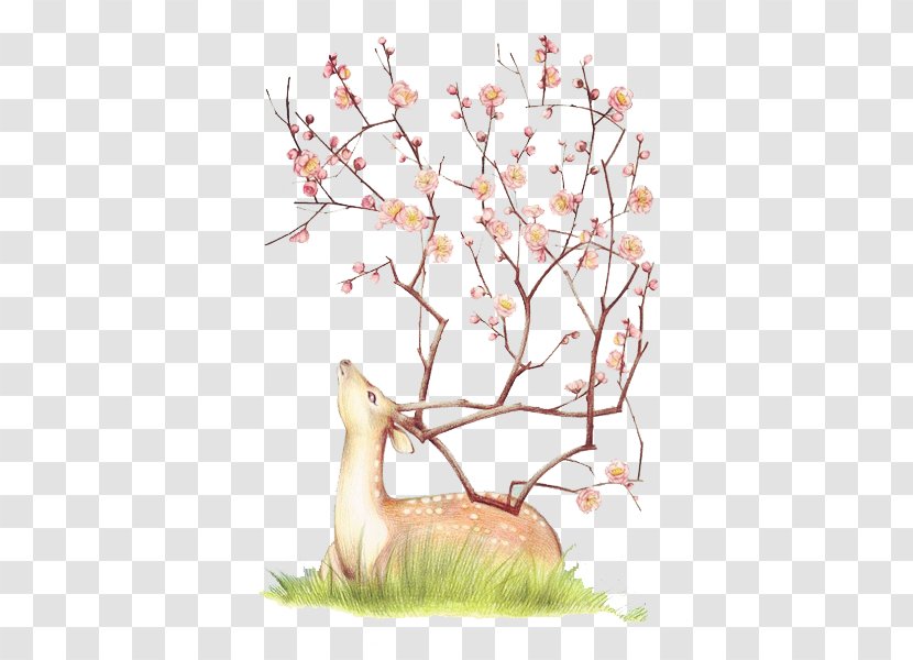 Deer Illustration Cherry Blossom Design Clip Art - Flowering Plant Transparent PNG