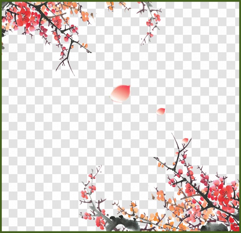Plum Blossom Ink Wash Painting Download - Red - Background Material Transparent PNG