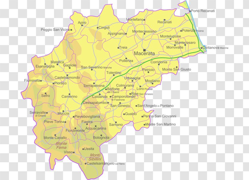 Macerata Province Of Fermo Montefano Map Provinces Italy - Yellow - Software Transparent PNG