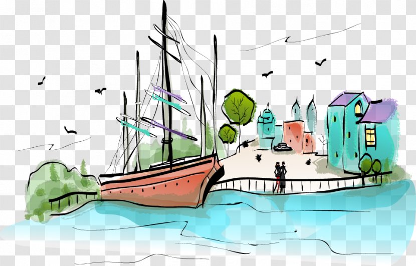 Cartoon Drawing Illustration - Art - Watercolor Painted House Boat Transparent PNG
