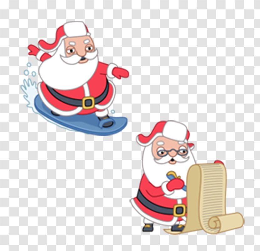 Santa Claus Surfing - Big Wave - Christmas Cartoon Transparent PNG