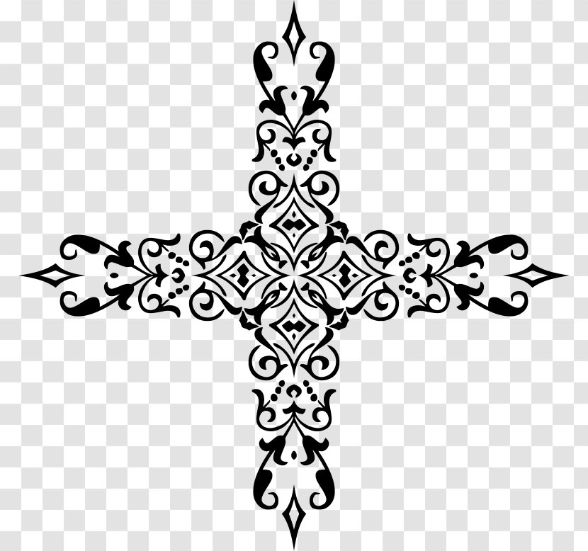 Christian Cross Ornament Clip Art - Black And White - Ornamental Transparent PNG