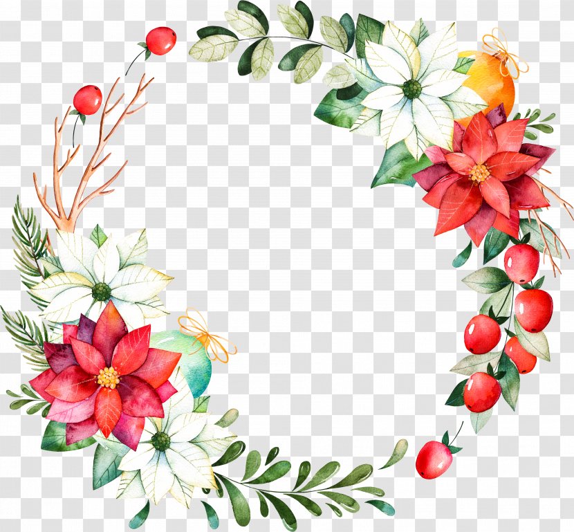 Christmas Day Wreath Poinsettia Watercolor Painting Ded Moroz - Conifer Cone Transparent PNG