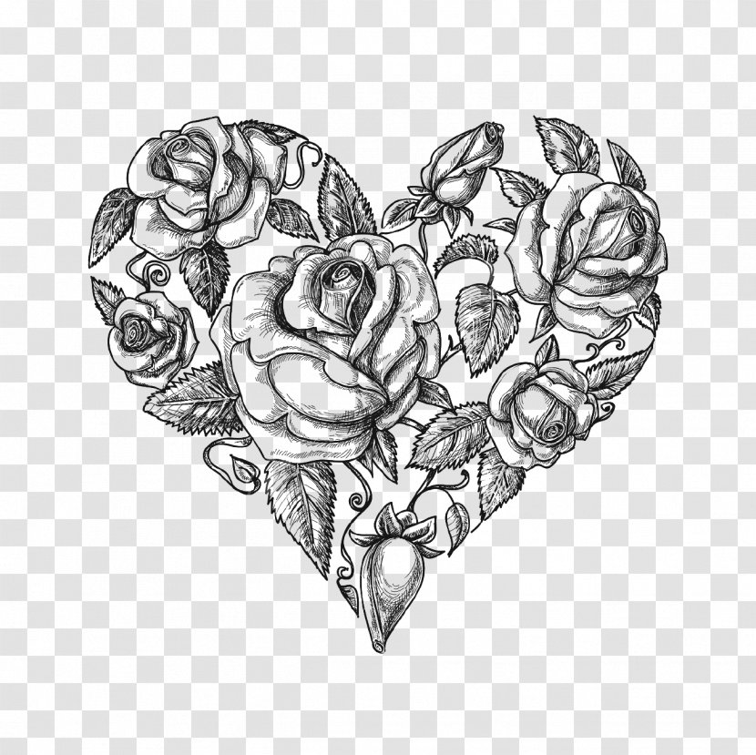 Heart Drawing Vintage Clothing Clip Art - Silhouette - Rose Tattoo Transparent PNG