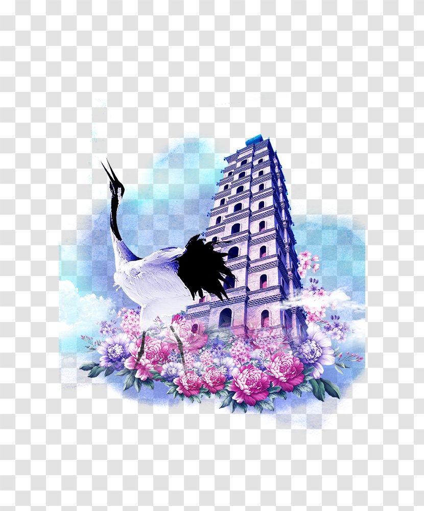 Download - Violet - Crane And Pagoda,Chinese Wind Element Transparent PNG