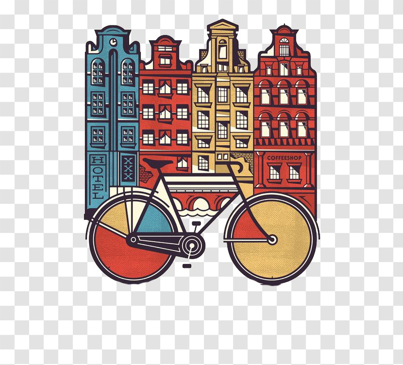 Amsterdam T-shirt Graphic Design Poster Illustration - Bicycle Building Decoration Image Transparent PNG