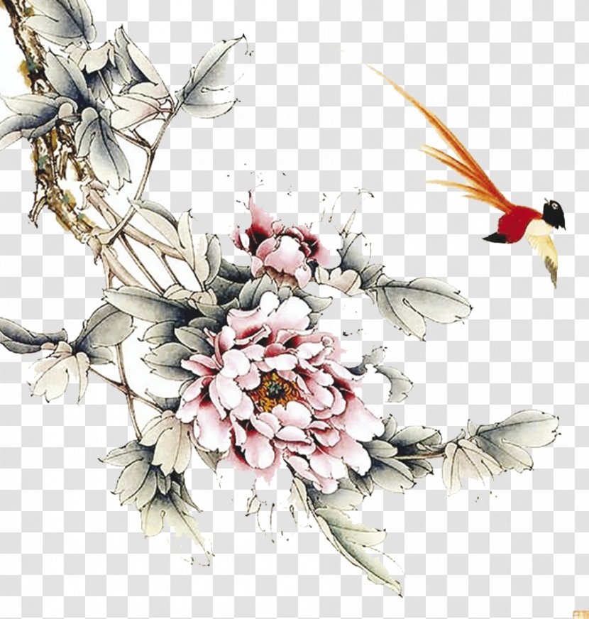 Ink Wash Painting Gongbi Bird-and-flower - Flower Arranging - Peony Transparent PNG