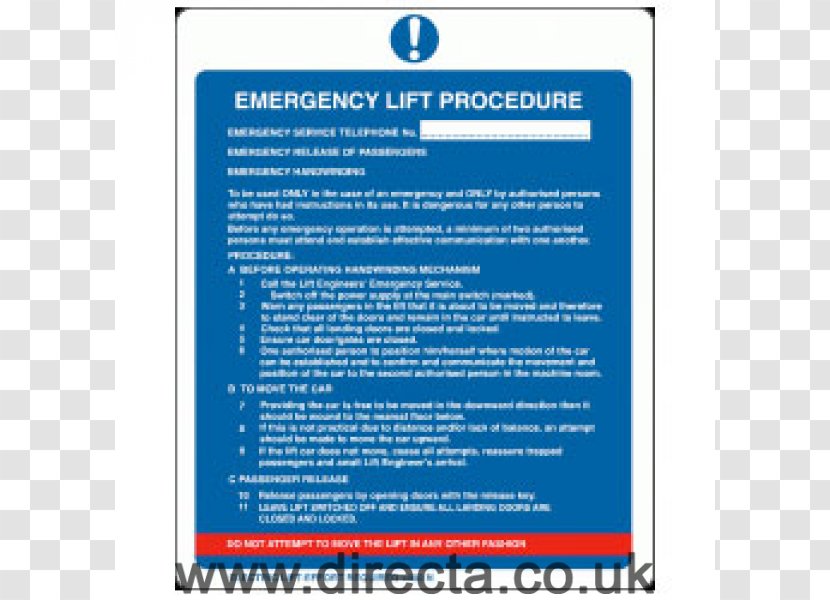 Emergency Procedure Telephone Number Service Elevator - Bulk Transparent PNG