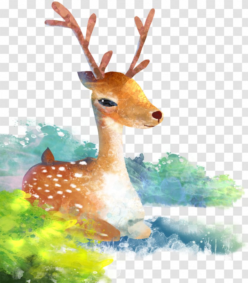 Reindeer Watercolor Painting Cartoon Illustration - Tail - Deer Transparent PNG