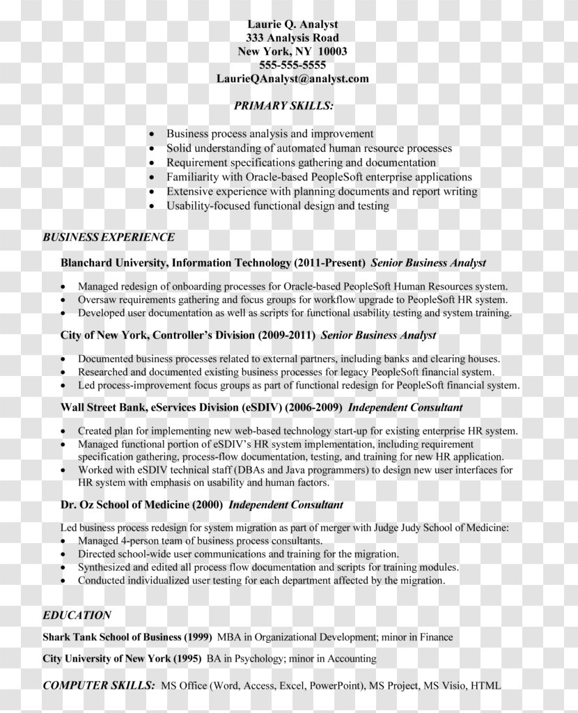 Résumé Template Curriculum Vitae Job Description Cover Letter - Peoplesoft - Business Analyst Transparent PNG