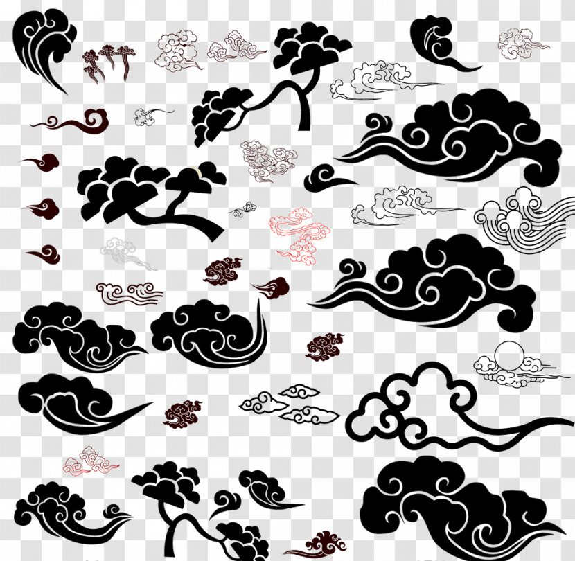 Cloud Illustration - Black - Clouds Vector Material Clouds,Chinese Wind Gathered Cheung Transparent PNG