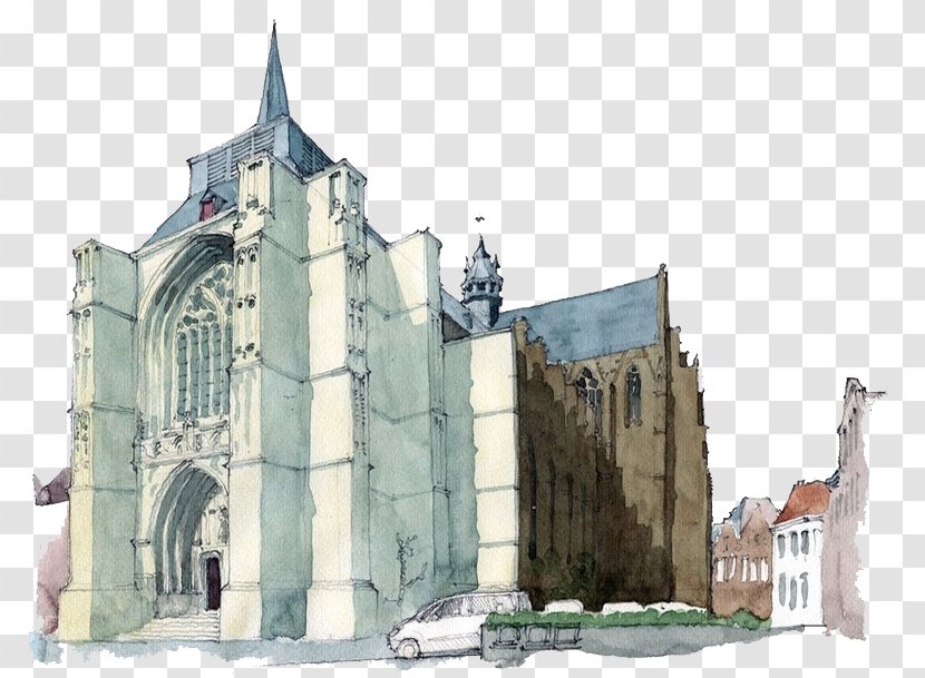 Watercolor Painting Architecture Croquis Illustration - Medieval - Continental Church Transparent PNG