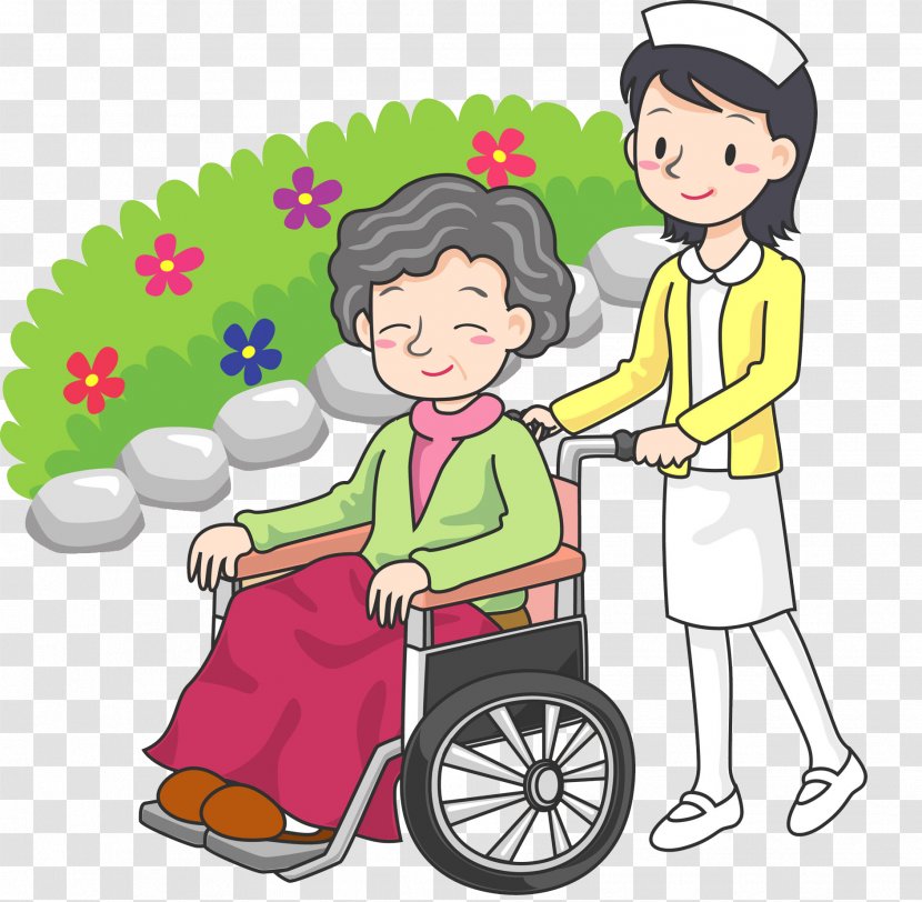 Wheelchair Cartoon - The Nurse Pushed Man For A Walk Transparent PNG