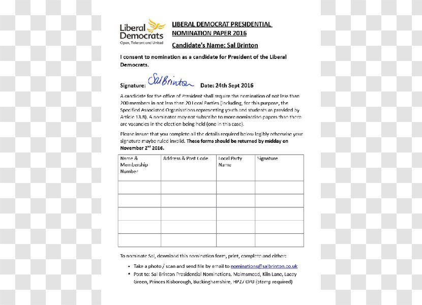President Of The Liberal Democrats Nomination Presidential Nominee Document - Party Transparent PNG