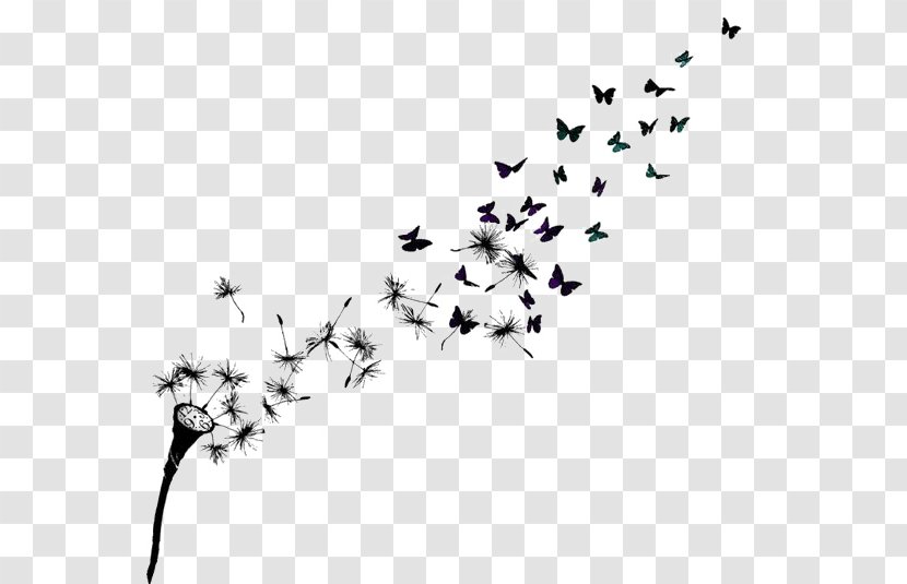 Butterfly Common Dandelion Sleeve Tattoo Drawing - Monochrome - Floating Transparent PNG