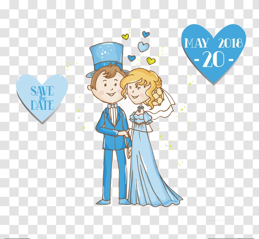 Wedding Invitation Bridegroom Save The Date - Frame - Blue Cartoon Bride And Groom Vector Material Transparent PNG