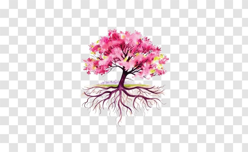 Root Tree Drawing Illustration - Magenta - Pink Watercolor Transparent PNG