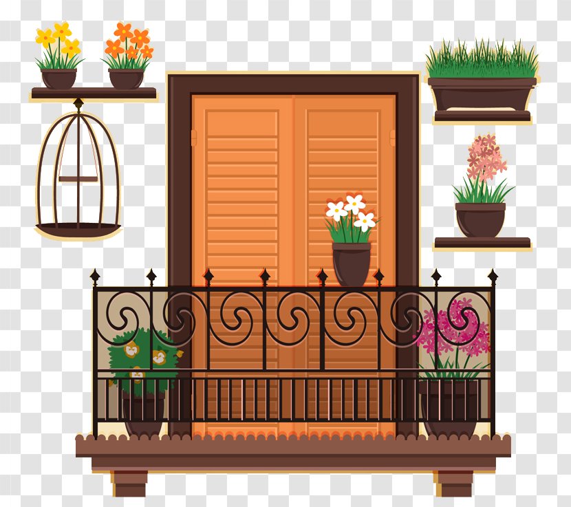 Poster Balcony Cartoon - Raster Graphics - Beautiful And Potted Plants Vector Transparent PNG