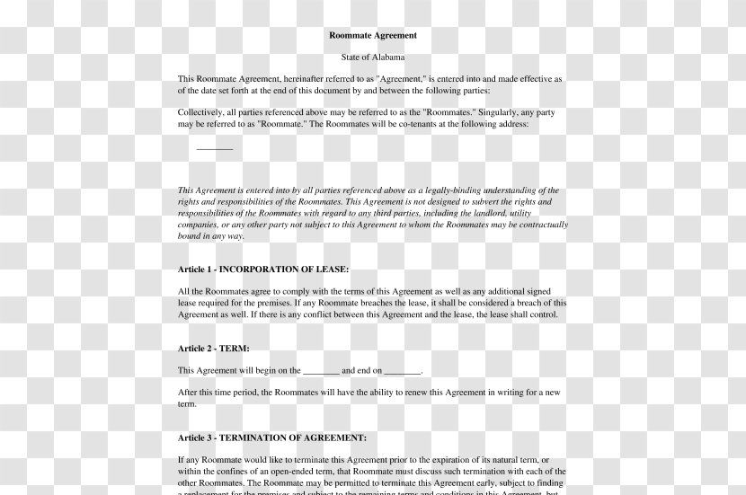 Document Template Contract Rental Agreement Roommate - Microsoft Excel - Kids Occupation Transparent PNG