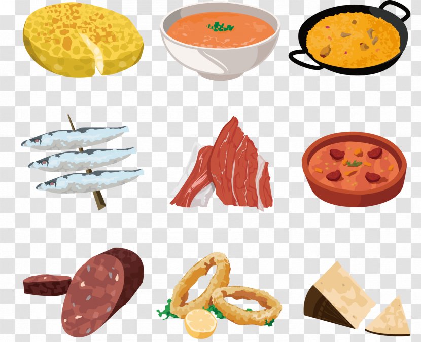 Tapas Spanish Cuisine Barbecue Squid As Food Mexican - Finger - Vector Painted Fish Pizza Ham Rings Transparent PNG