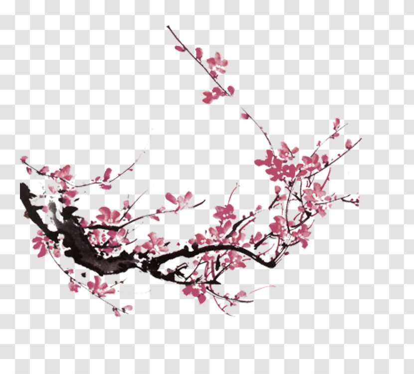 Ink Wash Painting Plum Blossom Chinese - Branch - Pink Peach Style Decorative Patterns Transparent PNG