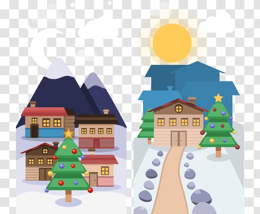 Christmas Tree Landscape Poster Illustration - Town Day And Night Transparent PNG