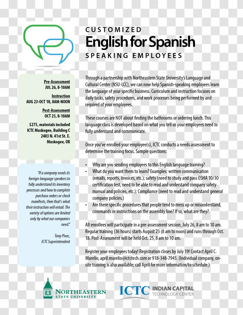 Indian Capital Technology Center English Spanish Information Language - Brochure Transparent PNG