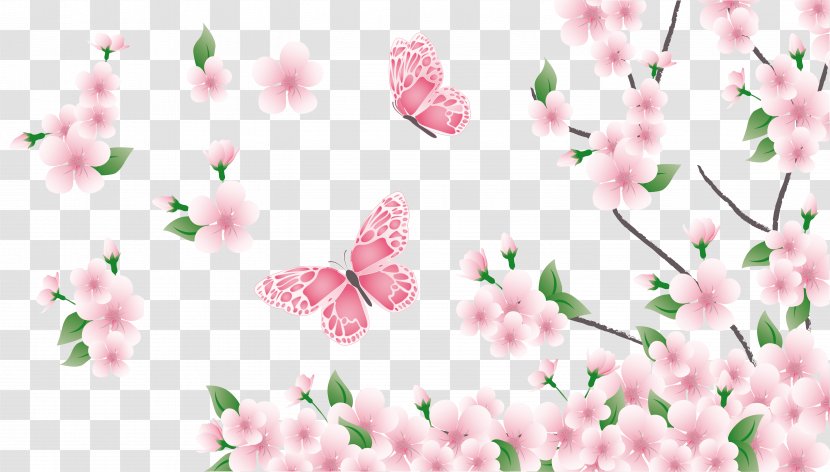 Spring Clip Art - Blossom - Branch With Pink Flowers And Butterflies Clipart Transparent PNG