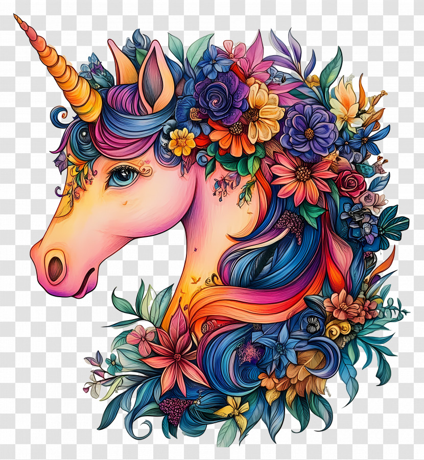 Unicorn Floral - Colorful Unicorn With Floral Mane Transparent PNG