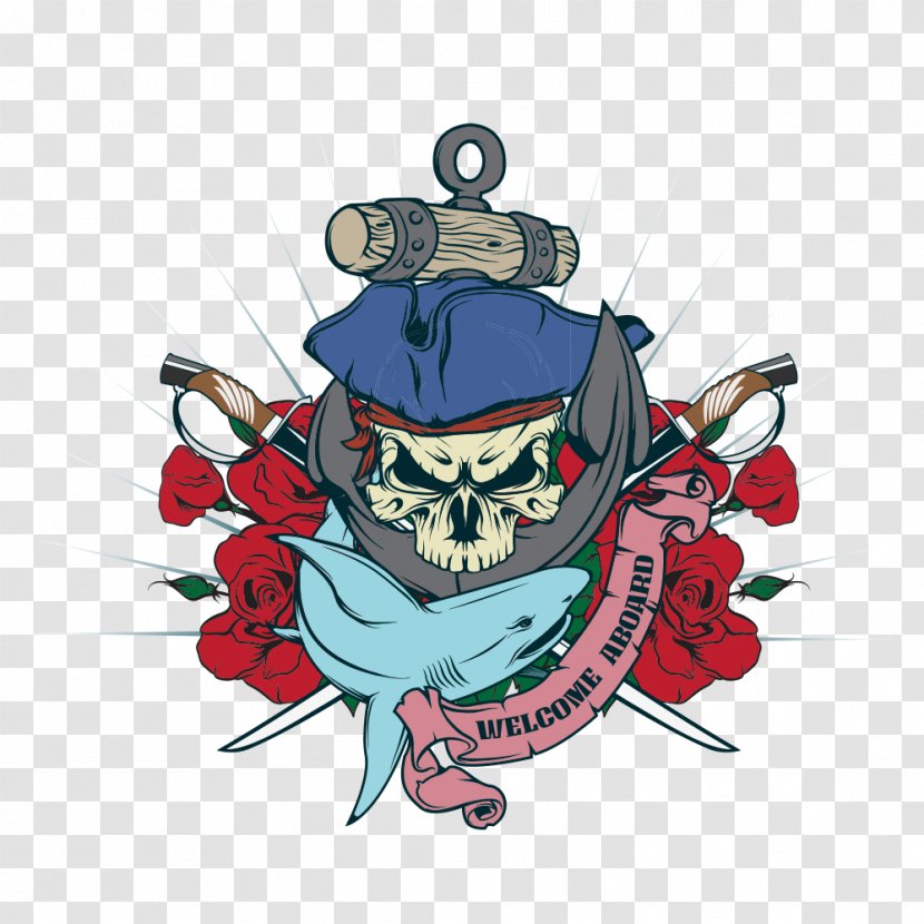 Cartoon Piracy Illustration - Crest - Vector Sharks And Pirates Skull Transparent PNG