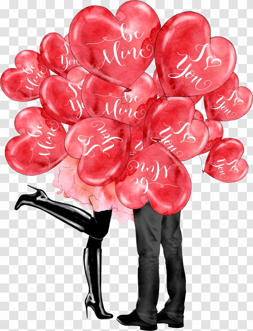 Paris Love Valentines Day Heart Clip Art - Drawing - Lovers Under Balloons Transparent PNG
