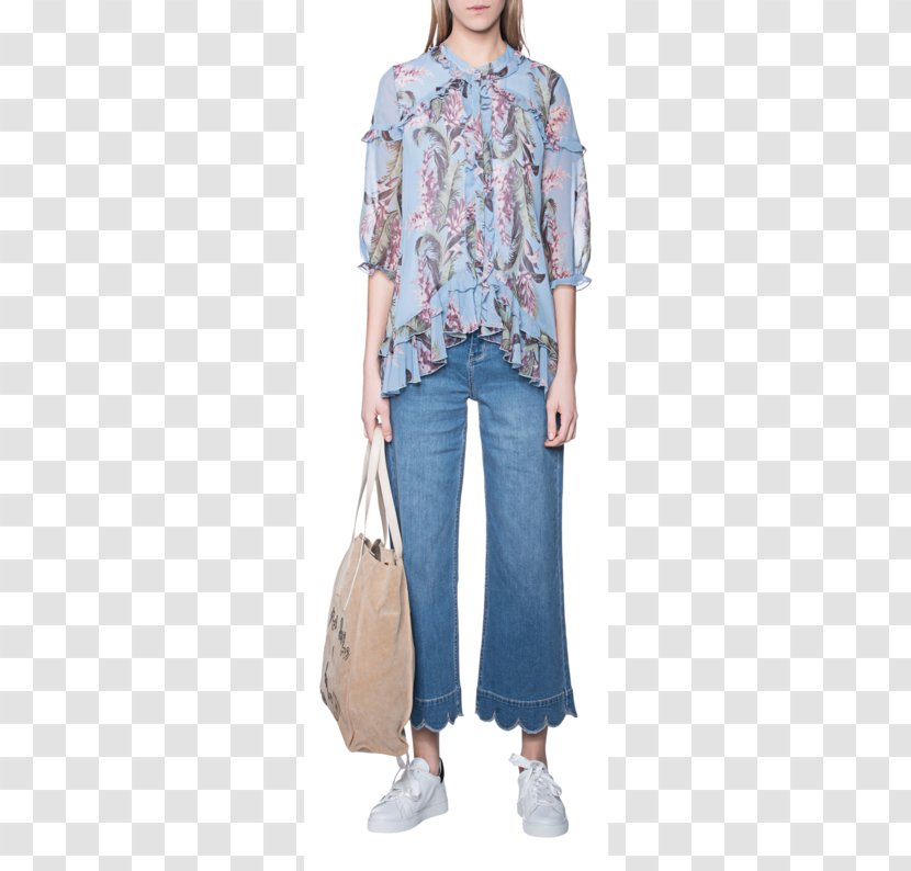 Jeans Shoulder Denim Sleeve Blouse - Fashion Woman Printing Transparent PNG