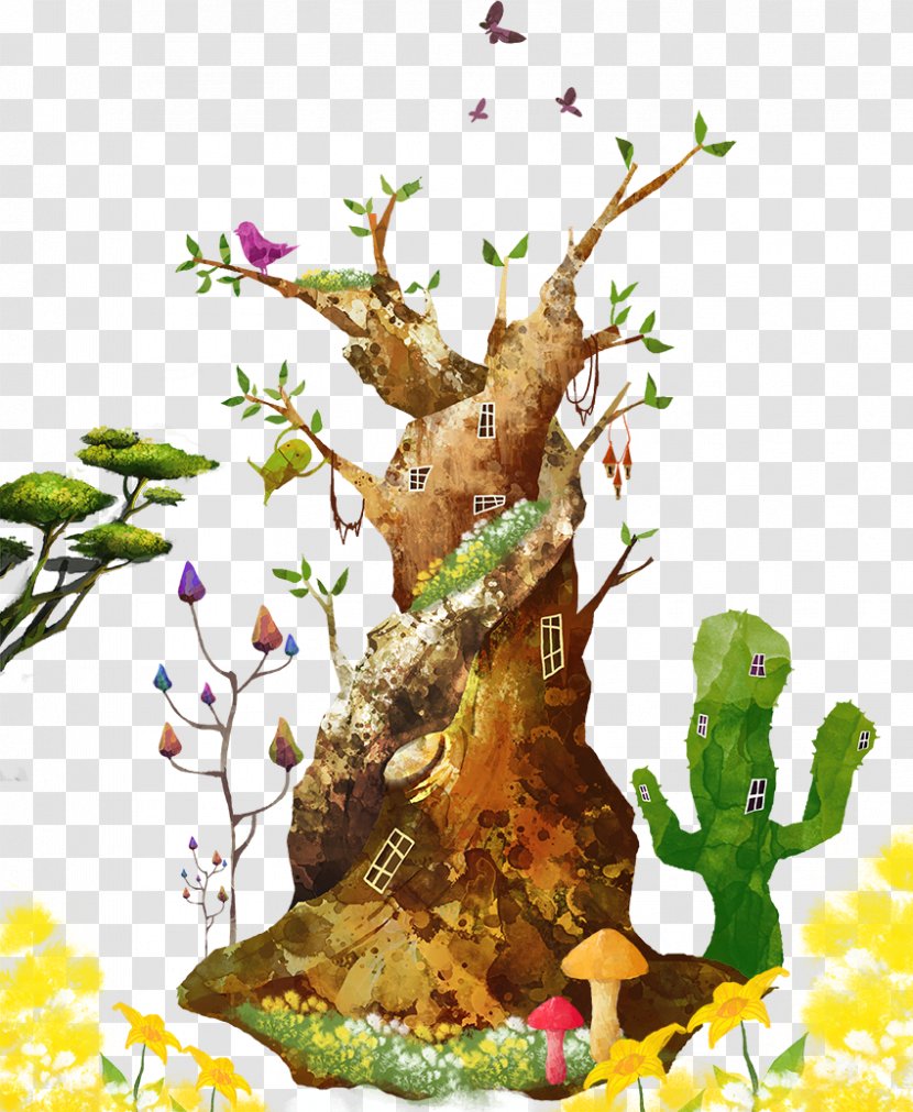 Cartoon Tree And Birds - Silhouette - Watercolor Transparent PNG