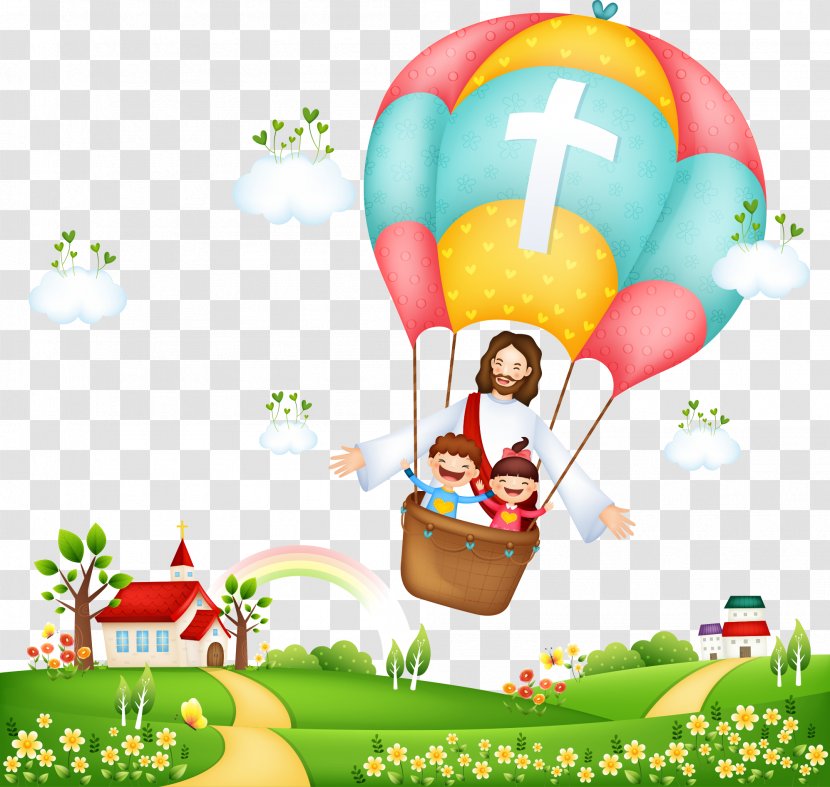Hot Air Balloon Illustration - Fictional Character - Jesus And The Landscape On A Transparent PNG