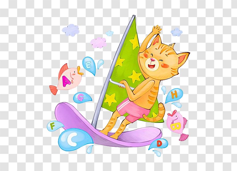 Surfing Illustration - Drawing - Sailing Kittens Transparent PNG