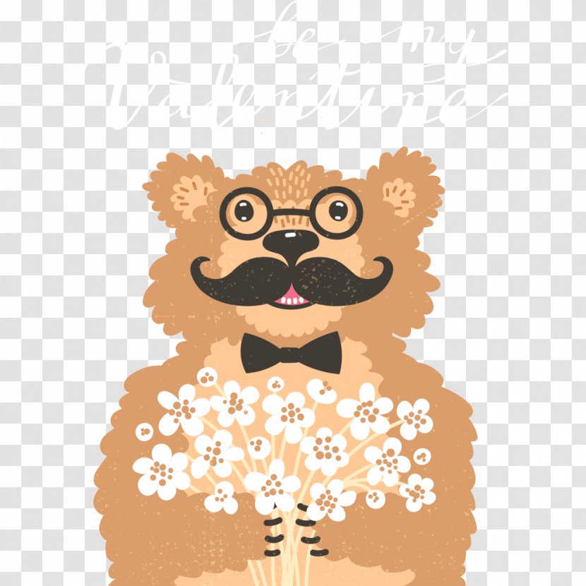 Bear Flower Bouquet Valentines Day Illustration - Watercolor - Bespectacled Cartoon Transparent PNG