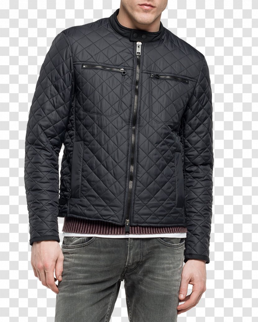 Leather Jacket Replay Mens Jeans Coat - Neck - Quilted Transparent PNG