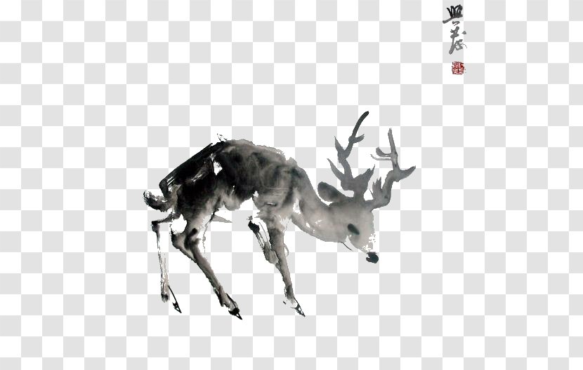 Red Deer Moose Ink Wash Painting - Down The Transparent PNG