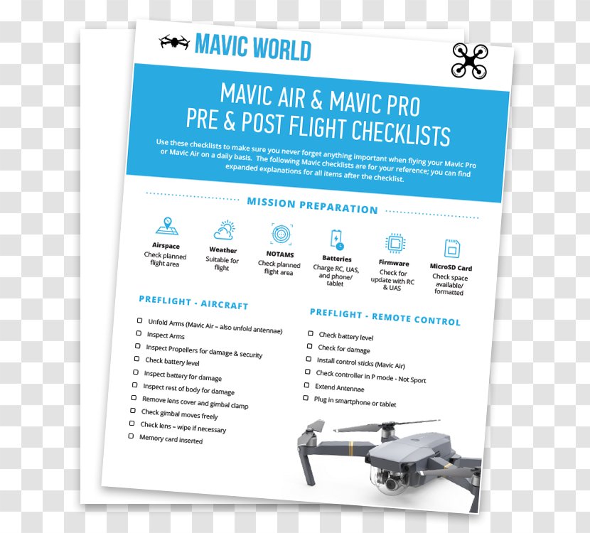 Mavic Pro Unmanned Aerial Vehicle DJI Preflight Checklist Brand - Air Transparent PNG
