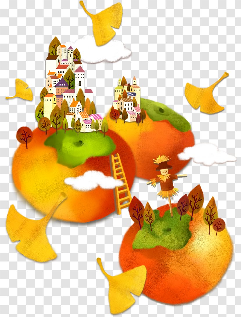 Autumn Ginkgo Biloba Cartoon Illustration - Vegetarian Food - Towns And Persimmon Scarecrow On Transparent PNG