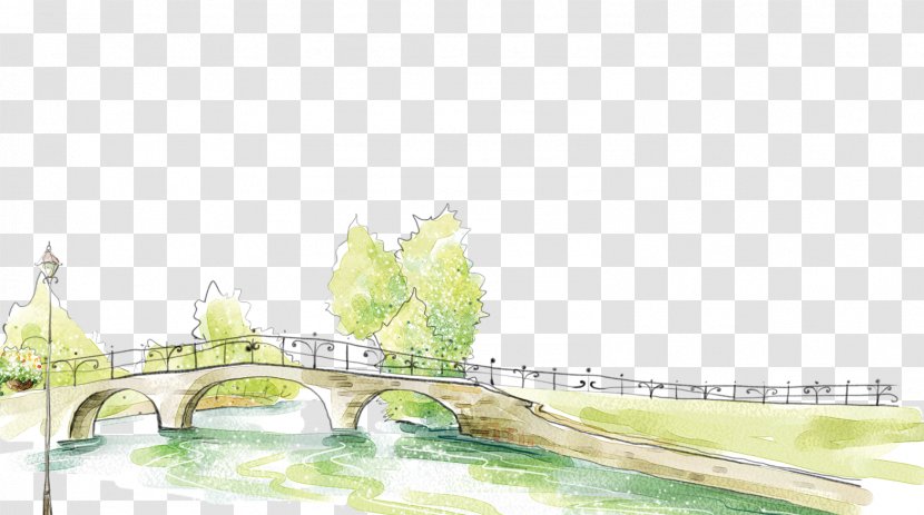 Watercolor Painting Fukei Illustration - Landscape - Hand-painted Bridge Trees River Transparent PNG